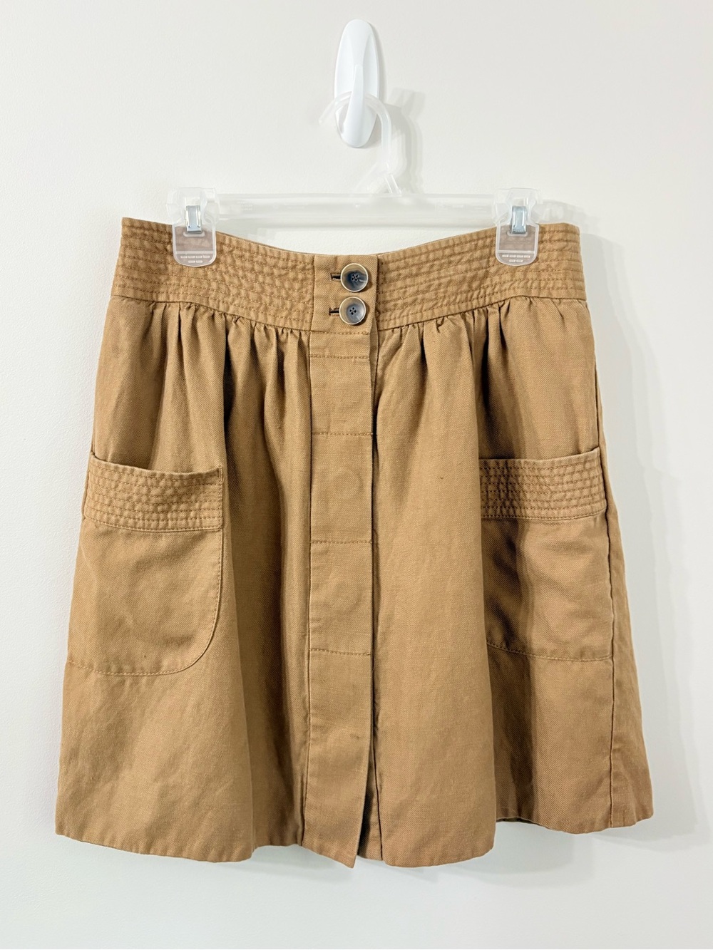 JCREW Linen Blend Skirt Tan Utility Pocket Button Front Elevated Preppy Size M - Picture 2 of 4